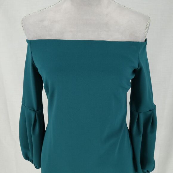 Vince Camuto Dress Womens Small Green Lined Off Shoulder Stretch Knit Bell Slvs - Picture 6 of 8